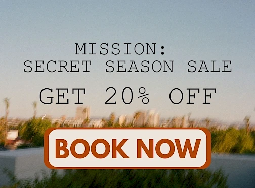 The image shows a promotion: "MISSION: SECRET SEASON SALE GET 20% OFF" with a "BOOK NOW" button over a blurred background.