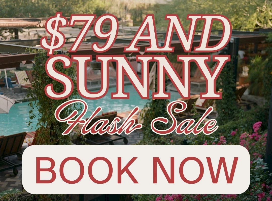 An advertisement for a "$79 and Sunny" flash sale with a "Book Now" prompt, featuring a background of a pool area.