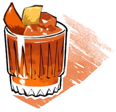 The image shows an illustration of a cocktail in a glass with ice and orange garnish, placed on an orange painted background.