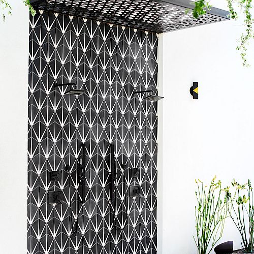 A black geometric metal gate set in a white wall with a canopy above and plants around the entrance completes the scene.