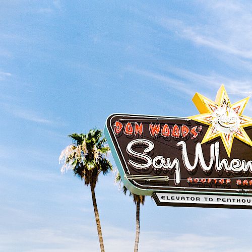 A rooftop bar neon sign reads "Don Wood’s Say When" with palm trees and a clear blue sky in the background. Ending the sentence.