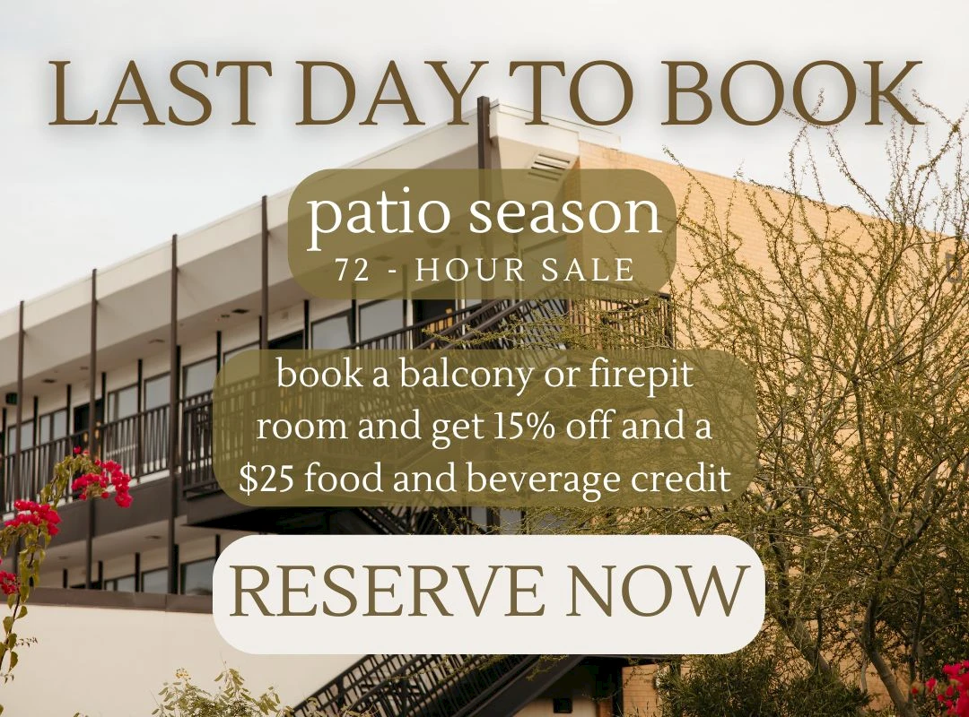 An ad promoting a last day to book sale, offering 15% off and a $25 food and beverage credit for balcony or firepit rooms. Reserve now.