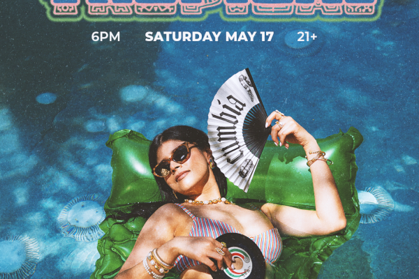 A tropical-themed event poster featuring a person lounging on a float, holding a fan and vinyl. Event details include date, time, and ticket info.