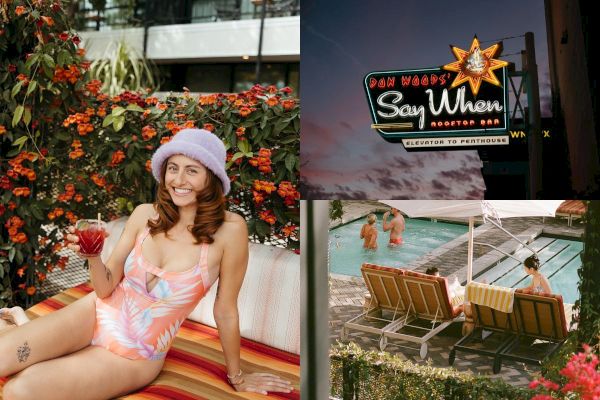 A woman in a swimsuit poses with a drink, alongside a retro sign and people by a pool.