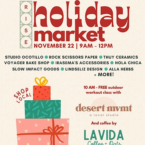 Holiday market event flyer with vendor names, free workout class by Desert Mvmt, and coffee by Lavida Coffee + Oats.