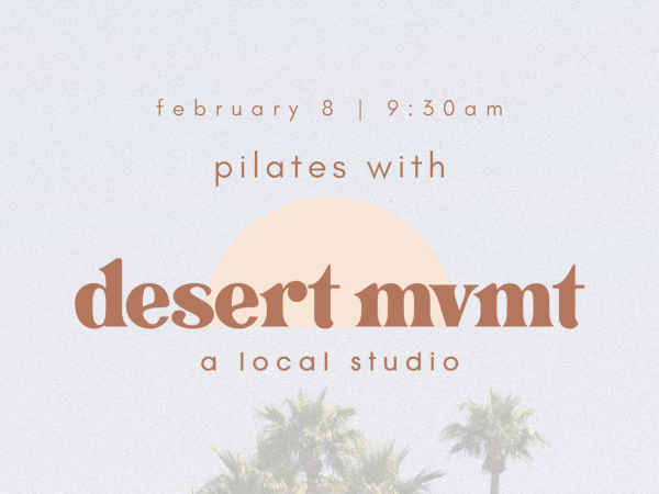 A sleek event poster for &ldquo;desert mynt&rdquo; studio with palm trees, sun arc, event time, and airy typography&mdash;pilates with a local studio, ending with a period.