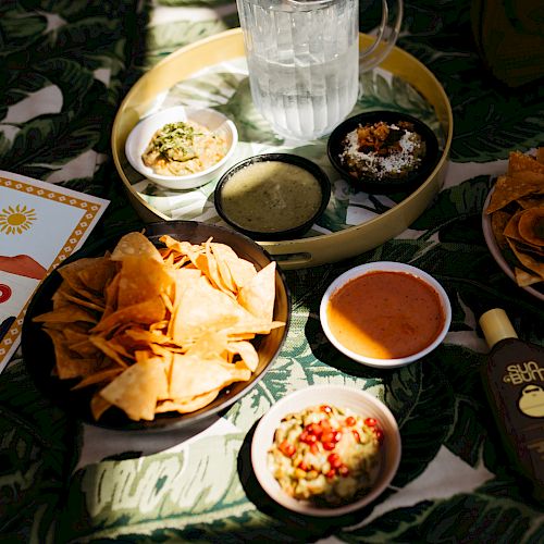 This image shows a table set with tortilla chips, various dips, a pitcher of water, a bottle of sunscreen, and a book titled "OXYLO."