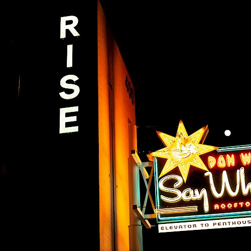 A neon sign reads "Don Woods' Say When Rooftop Bar" with an arrow pointing up, next to a building with "RISE" in vertical letters.