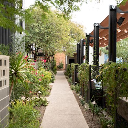 A narrow garden pathway with greenery on both sides, leading to a distant area. There are pergolas and plants creating an inviting atmosphere.