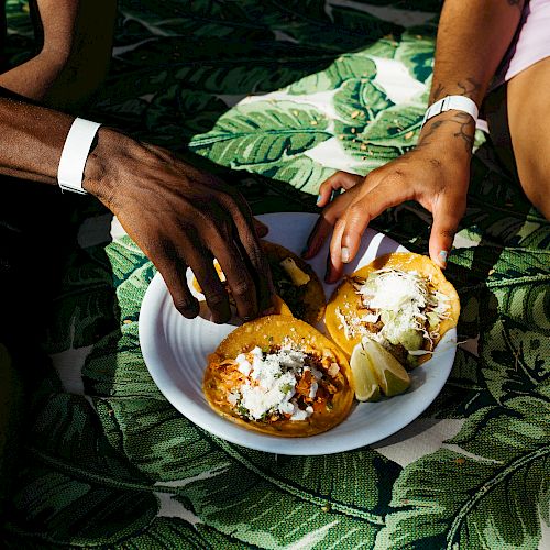 Two people are reaching for tacos on a plate while sitting on a leafy-patterned blanket outdoors.